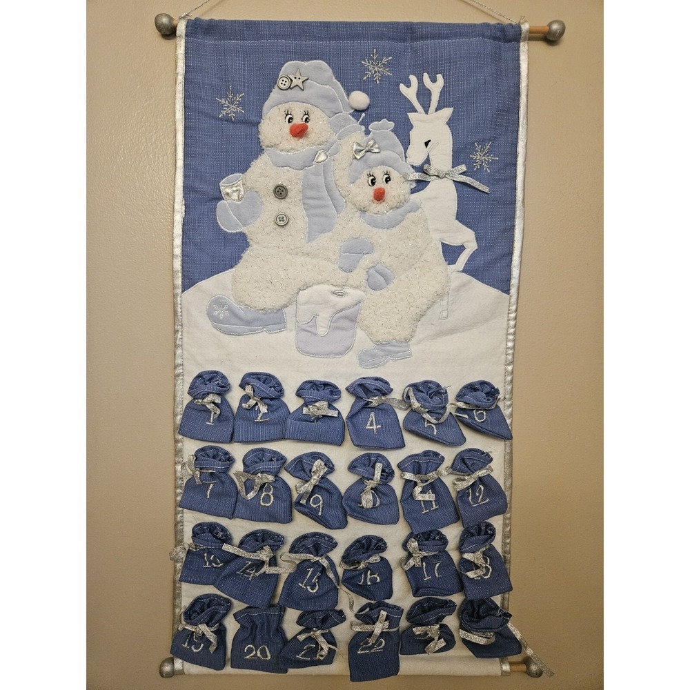 Christmas Snowman Reindeer Fabric Hanging Advent Calendar 24 Day Blue Vintage‎
